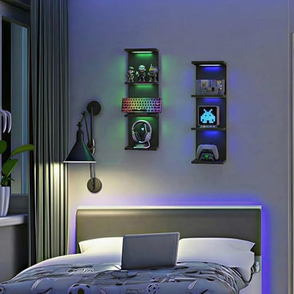 4 Tier RGB Wall Shelf-Gaming Shelf with Remote Control, Lack Shelves with Light for Bedroom | Easy to Install Cosmetic & Display Modern Shelf, Black - color: 4r-black