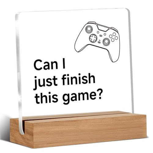 Funny Gaming Gifts for Gamer Game Lover Friends Coworker, Gamer Gifts for Boy Men Women, Can I Just Finish This Game Acrylic Plaque Desk Signs Decor 4 × 4 Inches - color: Can
