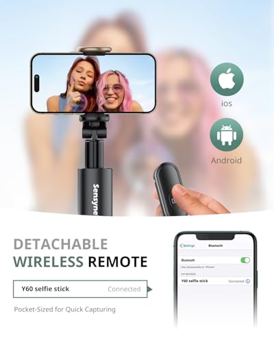 Sensyne 60" Phone Tripod - Selfie Stick, Lightweight All in One Phone Tripod Integrated with Wireless Remote Compatible with All Cell Phones for Selfie/Video Recording/Photo/Live Stream/Vlog（Black） - size: 60in