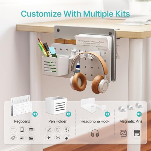 PEGZONE Desk Side Storage Organizer, No Drill Under Desk Laptop Holder, Clamp on Desks Shelf with Pegboard Accessories, Hanging Laptop Mount, Fits Flat Edge 0.4" to 2.2", White - color: White