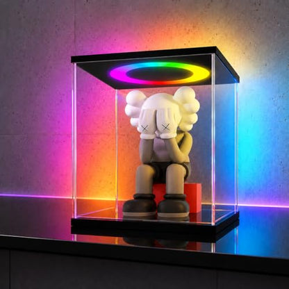 LANSCOERY Acrylic Display Case 17.7x17.7x17.7 in, 10mm Base, RGB Ring Light, 3mm Clear Panels, Front Door for Action Figures and Models - size: 17.7x17.7x17.7inch; 45x45x45cm