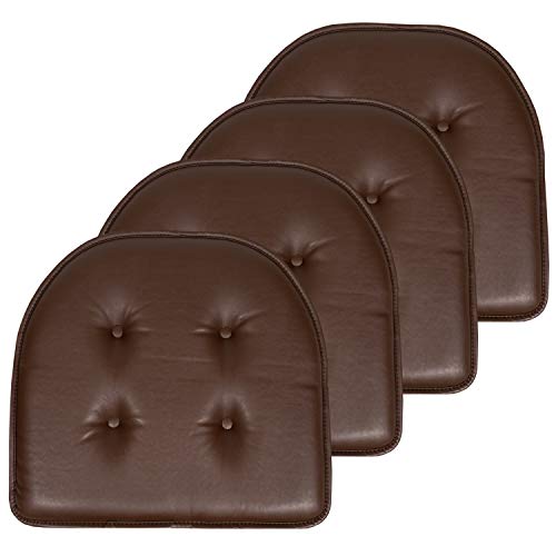 Sweet Home Collection Chair Cushion Memory Foam Pads Tufted Slip Non Skid Rubber Back U-Shaped 17" x 16" Seat Cover, Faux Leather Chocolate Brown 4 Count - color: Faux Leather Chocolate Brown, size: 4 Pack, style: Foam Pads