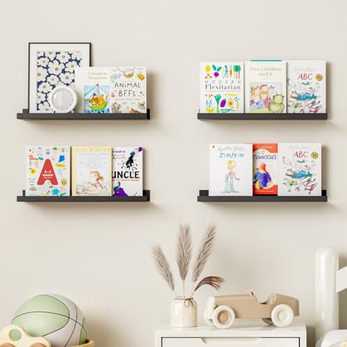 BYCY Metal Floating Shelves Set of 4,15.6 inch Nursery Book Shelves for Wall Mounted,Wide Magnetic Book Display Wall Shelves for Classrooms Kitchen Bedroom Room Decor (Black, 15.7inch,4pcs) - color: Black, size: 15.7inch,4pcs