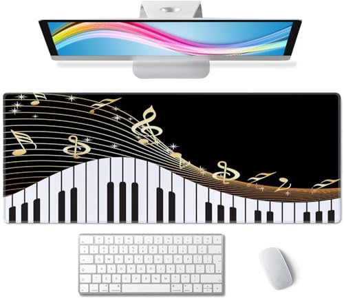 Extended Gaming Mouse Pad Big, Music Notes Long Mouse Pad Large, 31.5x11.8in Non-Slip Rubber Base Black Mousepad, Stitched Edges Keyboard Mouse Mat Desk Pad - color: Music Notes
