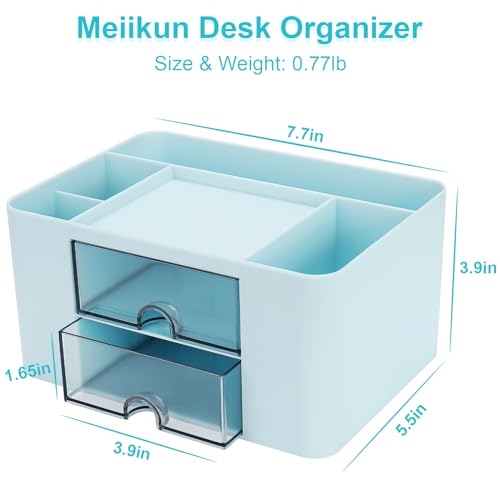 Meiikun Plastic Pen Organizer, Multifunctional Desk Organizer with 2 Drawers, 4 Compartments & a Top Tray, Pencil Holder Desktop Organizers and Accessories for Office, 7.7" x 5.5" x 3.9" (Blue) - color: 5 Compartments + 2 Drawer (Blue)