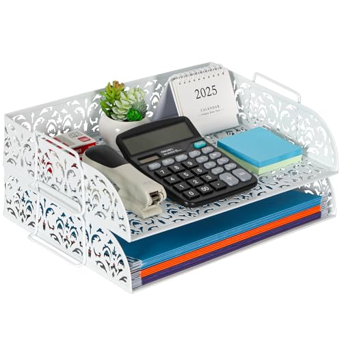 EasyPAG Paper Organizer for Desk 2 Tier Stackable Paper Tray for A4 Legal Size Folders Metal File Storage Desktop Organizer for Home Office School Teacher, White - color: White