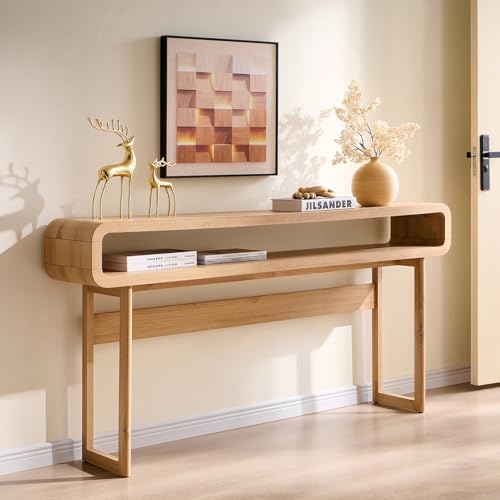 IFGET 63-Inch Long Console Table, 31.5" Tall Modern Entryway Table with Open Storage Shelf, Curved Profile Design, Narrow Wood Sofa Table Behind Couch Table for Living Room, Hallway,Foyer, Natural Oak - color: Natural Oak