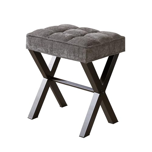 Royal Windsor Vanity Stool,Square Ottoman Stool Foot Rest,Upholstered Vanity Chair Foot Stool with Metal X Legs, Small Vanity seat for Entryway,Bedroom and Living Room,Linen Dark Grey - color: 12.6"d Dark Grey+black