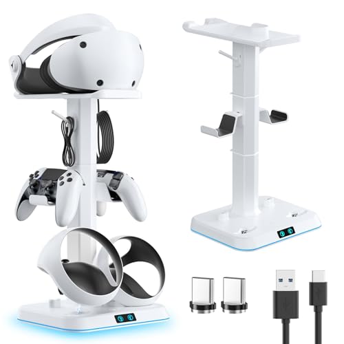 Kosker PSVR2 Magnetic Charging Dock & Headset Stand, for Meta Quest 2/3/3S | Fast 2.5H Charging, 9 RGB Lighting Modes, Overcharge Protection, Storage Holder for VR2 Headset & Sense Controllers - color: updated white