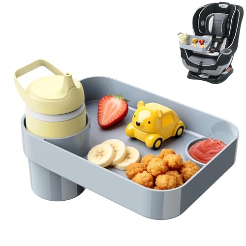 Car Seat Snack Tray for Toddlers - 3 Inch Cup Holder Fits Most Sippy Cups & Straw Bottles with Dip Well, Mess-Free Square Kids Travel Tray Road Trip Essentials, Grey - color: Grey