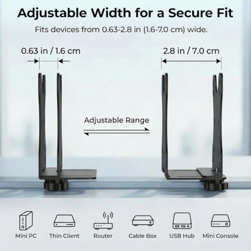 Yimaut Adjustable Mini PC Mount Bracket, VESA 75x75 & 100x100, Supports up to 12 lbs, Mount Behind Monitor, Under Desk, Wall, Monitor Arm or Stand Pole, Thin Client CPU Holder, Fits 0.63–2.76 in Wide
