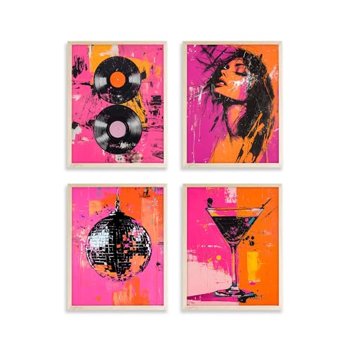 Eastern Print Disco Abstract Wall Art Set of 4, Retro Vinyl Record & Disco Ball Posters, Pink and Orange Wall Decor for Home and Kitchen, Record Wall Art, Abstract Poster, 8x10 Unframed - color: Disco Abstract