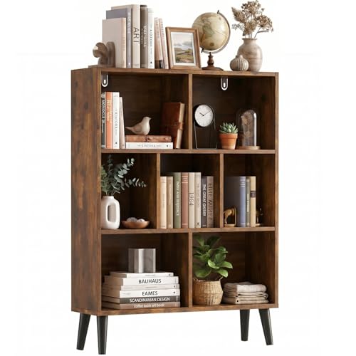 7 Cube Bookshelf, 3 Tier Mid-Century Modern Bookcase with Wooden Legs, Heavy Duty Cubby Storage Organizer Display Shelf for Living Room, Bedroom & Office, Deep Brown - color: Deep Brown, size: 7-Cube