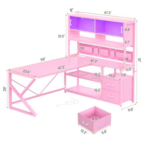 SEDETA L Shaped Gaming Desk, Home Office Computer Desk with 2 Drawer and Bookshelf, L Shaped Gaming Desk with LED Light, Glass Cabinet and Storage Bag, Corner Desk with Storage Shelves, Pink - color: Pink