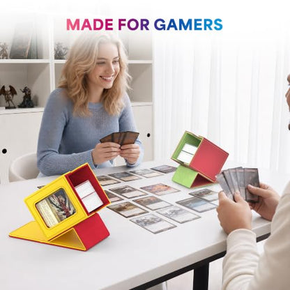 UAONO Card Deck Box for MTG Commander, Independent Commander Display, Fits 100 Double-Sleeved Cards, Magnetic Deck Case for Magic the Gathering TCG, 2 Dividers & 1 Top Loader (Yellow/Red) - color: A-Yellow&Red