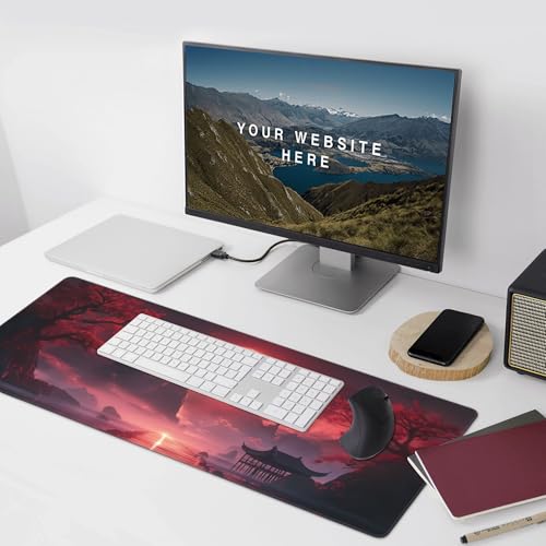 Extended Gaming Mouse Pad, Red Landscape Design, Non-Slip Rubber Base, Stitched Edges, Rectangular, 35.4 x 15.7 Inches - color: red sun