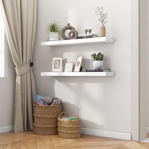 fuqing 36 Inch White Floating Shelves for Wall, Solid Wood White Floating Shelves Set of 2, Lightweight Wood Wall Mounted Shelves for Bathroom Bedroom Living Room Kitchen - color: White, size: 36 Inch