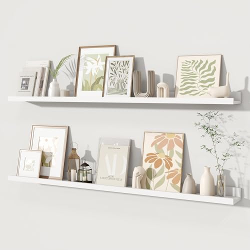 Fun Memories Picture Ledge Shelves Set of 2, 48 Inch Rustic Wall Mounted Floating Shelves with Lip for Home Storage and Décor in Bathroom, Kitchen, Nursery, Bedroom, Living Room, White - color: White, size: 48 inch, Set of 2