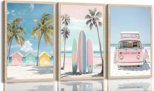 PeuYot 3 Piece Pink Coastal Beach Wall Art, Tropical Palm Tree Surfboard & Retro Van Canvas Print, Unframed Seaside Beach Hut Poster Set for Bathroom Bedroom Living Room Wall Decor, 16x24 Inches - color: Macaron Coast, size: 24"L x 16"W