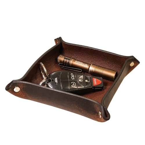 Valet Tray – Full-Grain Leather Catchall Organizer for Keys, Phone & Wallet – Rustic Nightstand & Desk Tray with Raised Sides – Handmade in USA (Vintage Brown, Small Square) - color: Vintage Brown, size: Small Square