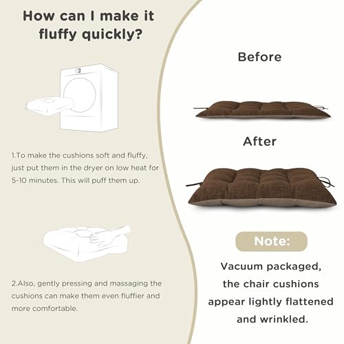 AddGrace Non-Slip Rocking Chair Cushion Extra Large Linen Thick Chair Pads Durable High Back Seat Cushions with Ties Set of 2 Brown - color: Brown