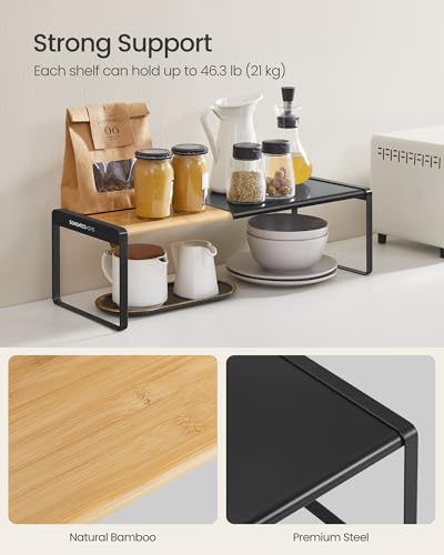SONGMICS HOME Spice Racks, Expandable Cupboard Shelf Orgnizers, Kitchen Counter Shelves, Bamboo and Metal, Space-Saving Shelving, Stackable, Light Bamboo and Ink Black UKCS051B01 - color: Light Bamboo + Ink Black, size: 2 Pack