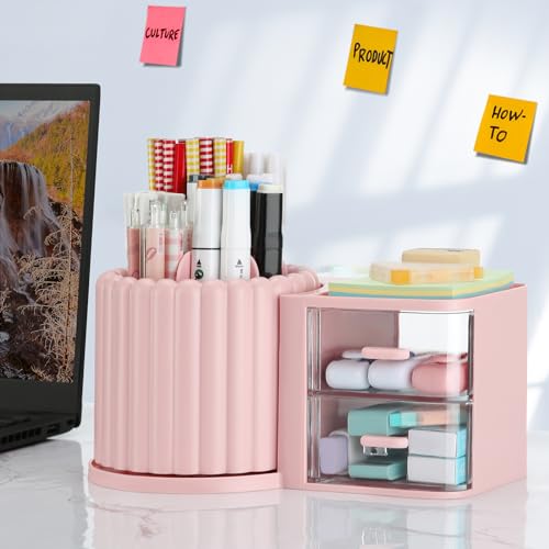 LETURE Rotating Office Desk Organizers and Accessories with 2 Drawer, Pencil Pen Marker Holder for Desk, Desktop Storage Organizers and Accessories for Office Home Art Supplies (Pink) - color: Pink
