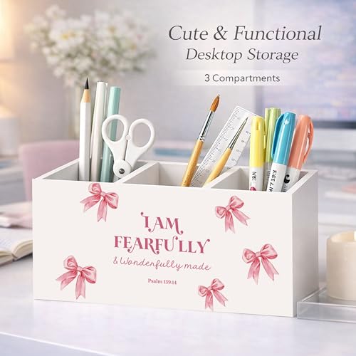Girls Pink Bow Wooden Desk Organizer | Cute pink bow design; wooden pen and pencil holder keeps study, office, or home desktop supplies organized. - color: Fearfully Made