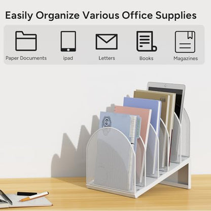 5-Section Desk File Organizer, Metal Mesh Folder Organizer for Documents, Mail & Office Papers (White) - color: White