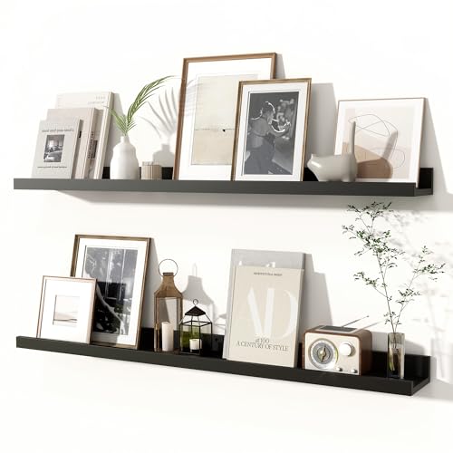 Fun Memories Picture Ledge Shelves Set of 2, 36 Inch Rustic Wall Mounted Floating Shelves with Lip for Home Storage and Décor in Bathroom, Kitchen, Nursery, Bedroom, Living Room, Black - color: Black, size: 36 inch, Set of 2