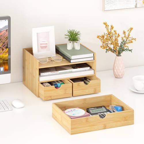 Wisuce Bamboo Desk Organizer - Mini Bamboo Desk Drawer Tabletop Cosmetic Storage Organization for Office or Home (Nature 3 Drawers) - color: Nature 3 Drawers