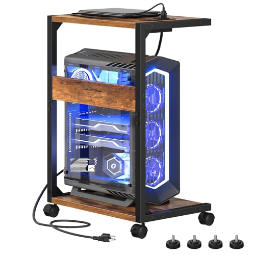 HOOBRO Computer Tower Stand, PC Stand with Charging Station, 2-Tier PC Tower Stand with Locking Caster Wheels, CPU Stand Fits Most PCs, PC Stand for Floor, for Home Office Rustic Brown BF01UCJ01G1 - color: Rustic Brown, Black