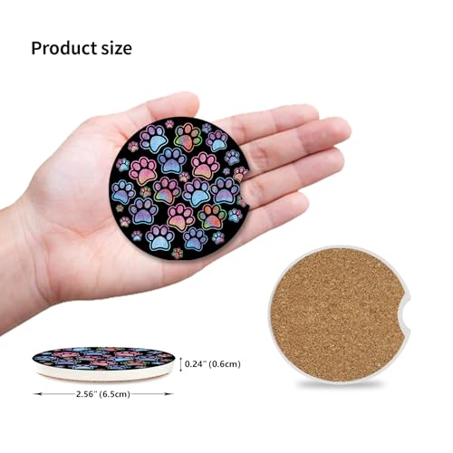 2 Pack Absorbent Car Coasters for Cup Holders,Gradient Black Dog paw Print Ceramic Coasters with Cork Back and Finger Slot,2.56" Auto Accessories for Women & Men. - color: Black Dog Paw Print 1