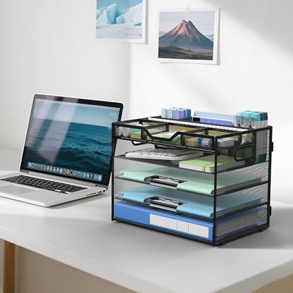 Docnest 5 Tier Mesh Desk Organizer with Adjustable Compartments - Stackable Letter Tray with Built-in Pen Holder & Handles - Desktop File Storage for Office, Home, School Supplies - Black - color: Black