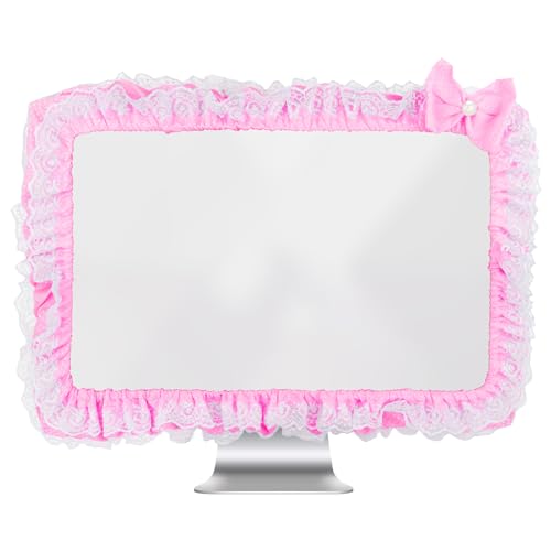 Cute Pink Lace 23"-27" Computer Monitor Screen Dust Cover with Bowknot | Lovely Pink Bow | Lace Trim | Adjustable Elastic Band - color: Pink & White Dot