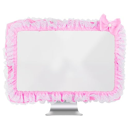 Cute Pink Lace 23"-27" Computer Monitor Screen Dust Cover with Bowknot | Lovely Pink Bow | Lace Trim | Adjustable Elastic Band - color: Pink & White Dot