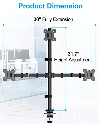 MOUNTUP Triple Monitor Stand, Height Adjustable Monitor Desk Mount Fit for 17 to 32 Inch Computer Screens, Stacked Monitors Arm for 3 Monitors, with C-Clamp and Grommet Base, up to 17.6lbs per Arm - size: Triple