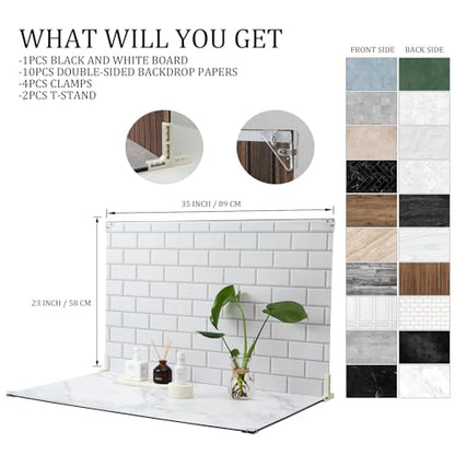 Product Photography Backdrops, 23x35inch 10 Pcs 20 Patterns Photo Backdrop Board, Double-Sided Waterproof Flat Lay Background Paper for Food, Jewelry, Cosmetics