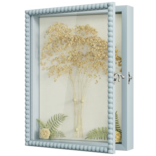 Love-KANKEI Shadow Box Frame 11x14, Deep Large Shadow Box Display Case with Unique Beads Door and Glass Window, Wood Memory Box Gift for Pictures,Medals,Memorabilia,Collections Blue - color: Blue, size: 11x14