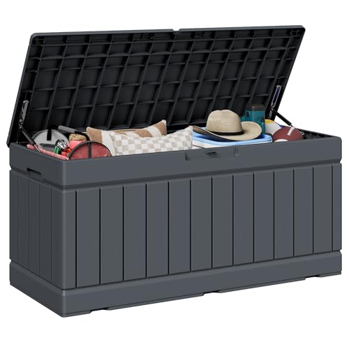 JUMMICO 78 Gallon Outdoor Deck Box Large Resin Storage Box for Patio Furniture Cushions, and Garden Tools (Gray) - color: Gray, size: 78 gallon