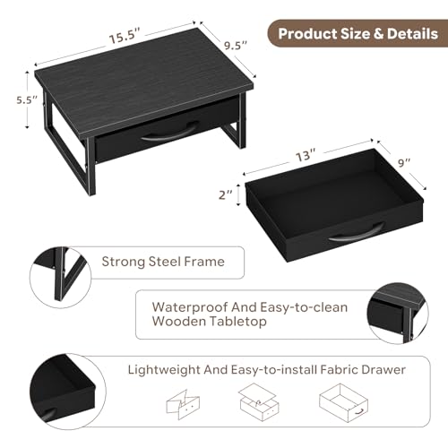 Ekisemio 2-Tier Monitor Stand with Fabric Drawer – Wood and Metal Computer Riser, Desk Organizer for Office, Black