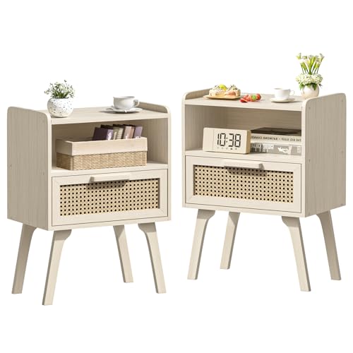 Lerliuo Rattan Nightstands Set of 2, Side Table with Drawer Open Shelf, Cane Accent Bedside End Table, Mid Century Modern Night Stand for Bedroom, Dorm and Small Spaces (Grey White) - color: White Oak, size: 2 pack