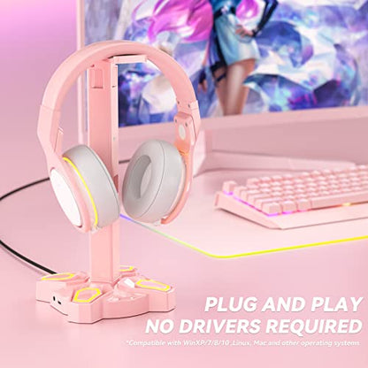 KDD Headphone Stand with Light Modes - Rotatable Pink Game Headset Holder with 3.5mm AUX & 2 USB Port - Suitable for PC Desk Accessories Gamers Gift(Pink) - color: Pink