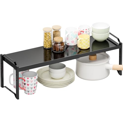 1 Pack Expandable Cabinet Countertop Shelves, Stackable Shelves Organizers For Kitchen Cabinet Countertop Storage, Adjustable Counter Cupboard Pantry Organizer Shelf Rack Stand, Length:25.5" - color: Black, size: 1 Pack: 15.5"-25.5"L