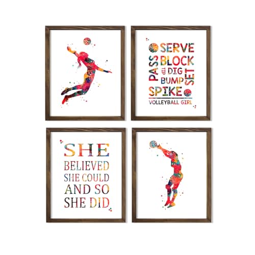Inspirational Watercolor Volleyball Girl Player Illustration Art Print Set for Girl's Bedroom Decoration, Playroom Energy Boost, Locker Team Spirit, Team Captain Honors, Coach Appreciation, Birthday Gifts - 8x10 Unframed Print Set - style: Volleyball