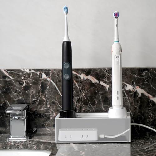 Linkidea Compact Bathroom Cable Organizer Box for Electric Toothbrush and Razor Chargers, Small Cord Hider Storage Case, Acrylic Countertop Wire Management (White)