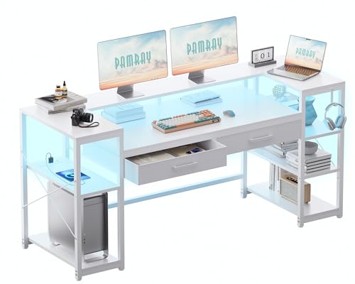 Pamray 58 Inch Computer Desk with Monitor Stand and Shelves Gaming Desk with LED Lights & Power Outlets PC Vanity Table with 2 Drawers for Home Office White - color: White