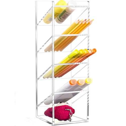 BEYGORM Acrylic Vertical Marker Organizer for 50 Markers with 5 Compartments, Clear Angled Pen & Pencil Holder, Large Desk Stationery & Art Supply Storage for Office & School (10.2 x3.3 x 4 Inch) - color: Clear, size: For 50 Markers