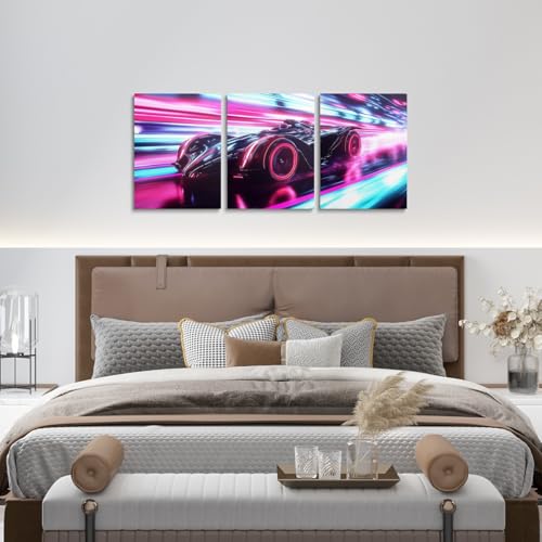 Erosebridal Race Car Boys Canvas Wall Art Set of 3 Cool Speed Racing Car Wall Art 3D Geometric Design - Extreme Sports Themed Decor for Girls Kids Teens,Black Pink,12x16 - color: Black Blue Pink