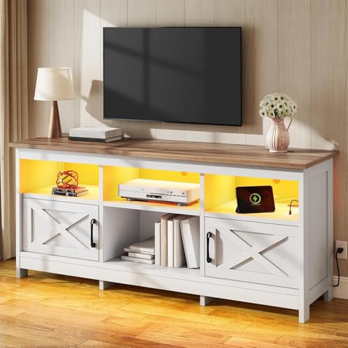 YITAHOME TV Stand for 65 Inch TVs, Entertainment Center with Storage Cabinets, Power Outlet & LED Light, Media Console Living Room Furniture, White - color: White + Walnut, size: 59"W